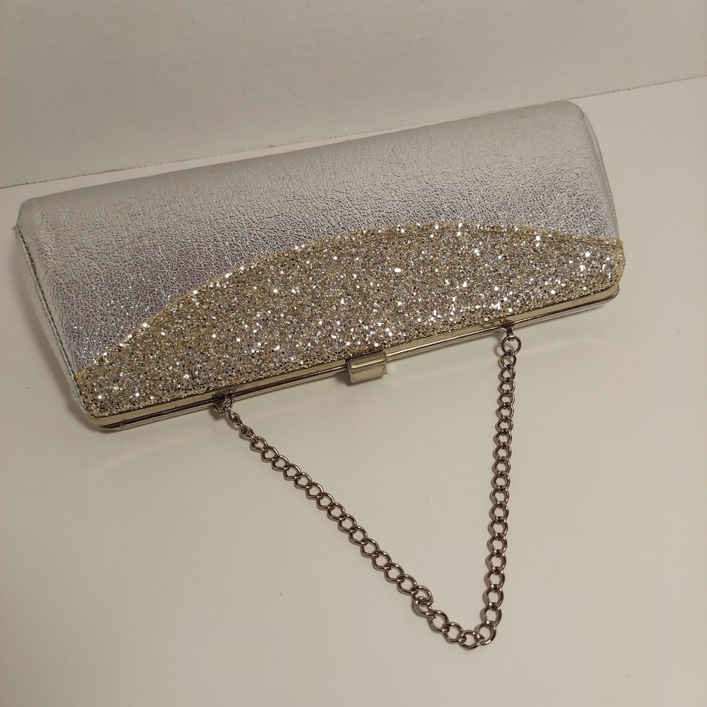 Vintage Silver Metallic + Glitter Clutch Evening Bag Purse Cocktail Prom Formal - Picture 6 of 15
